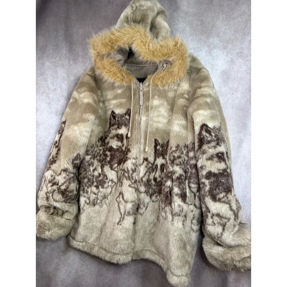 VTG Guide Gear Faux Fur Parka Large Tan Brown Wolf Pack Reversible Hooded Jacket
